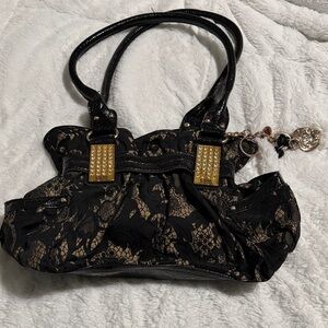 Chic Black Lace Shoulder Bag with Gold Accents